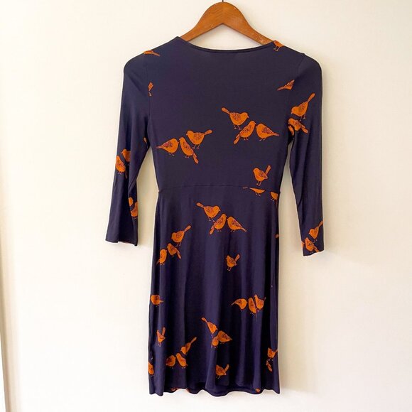 Boden Blue and Orange Bird Print Jersey Dress, Size 4 - Picture 3 of 6